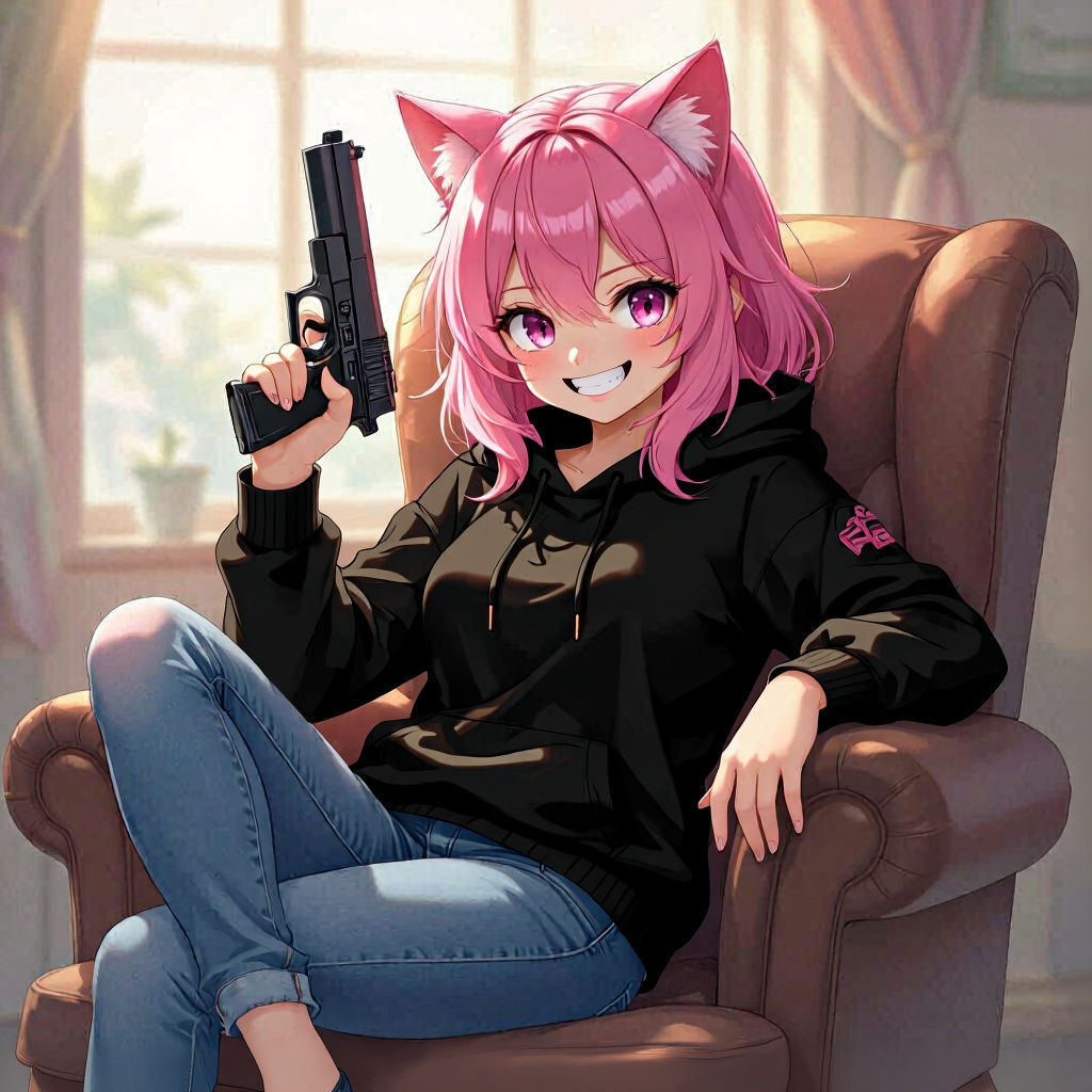 Anime Catgirl with Gun in Kawaii Style