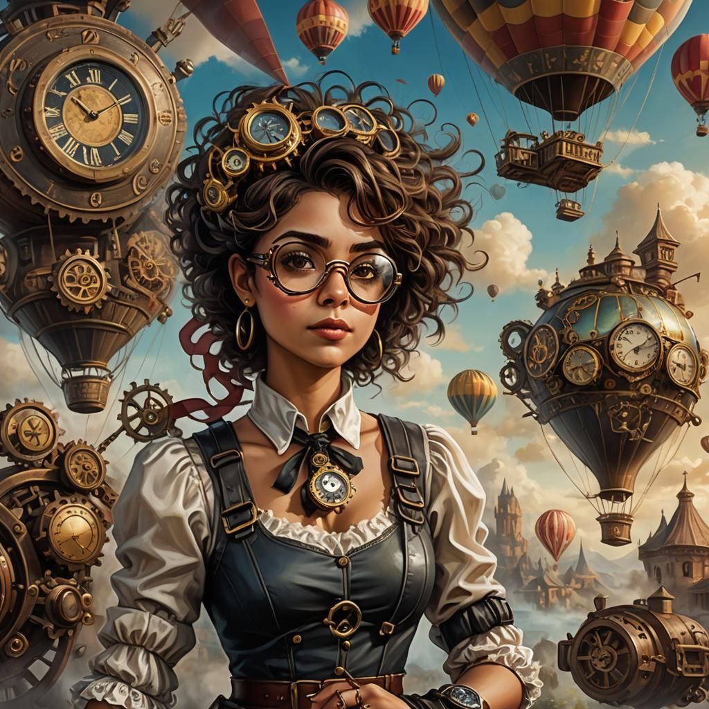 Steampunk Latina with Pocket Watch, Airbrush Oil Painting
