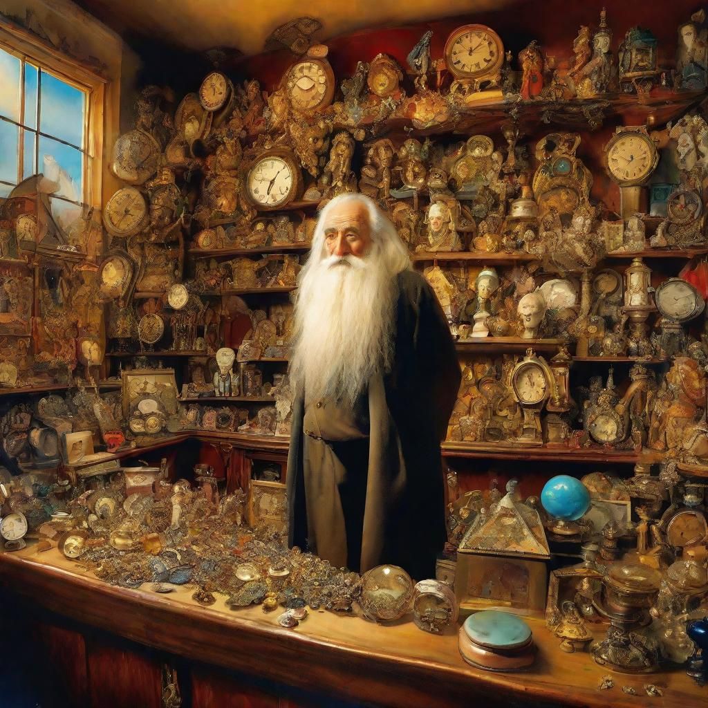 God at a Surreal Pawn Shop as Oil Painting