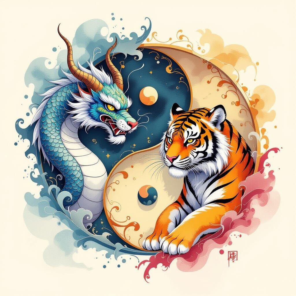 Dragon and Tiger Yin Yang Ink Drawing