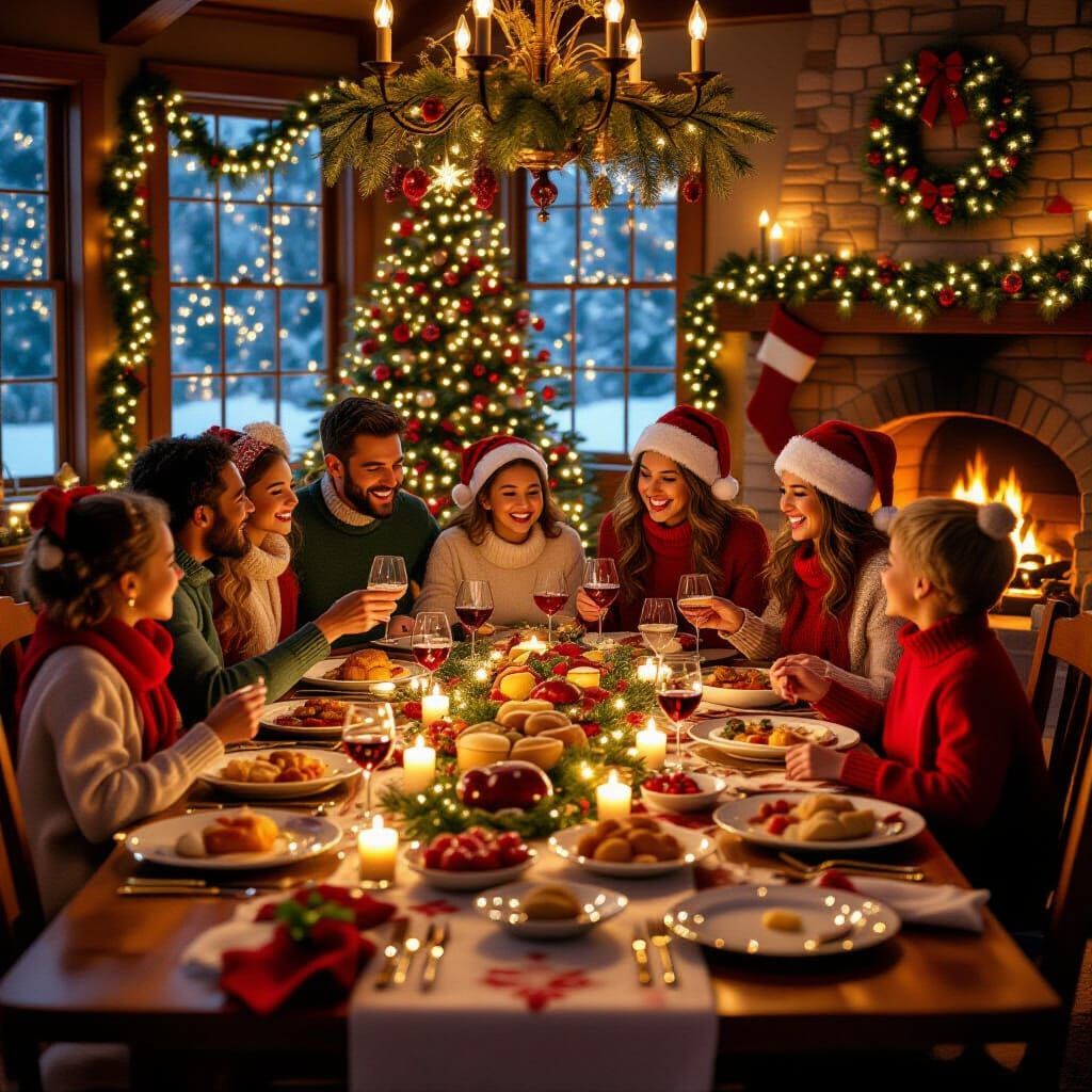 Joyful Family Christmas Dinner in Fairytale Illustration Sty...