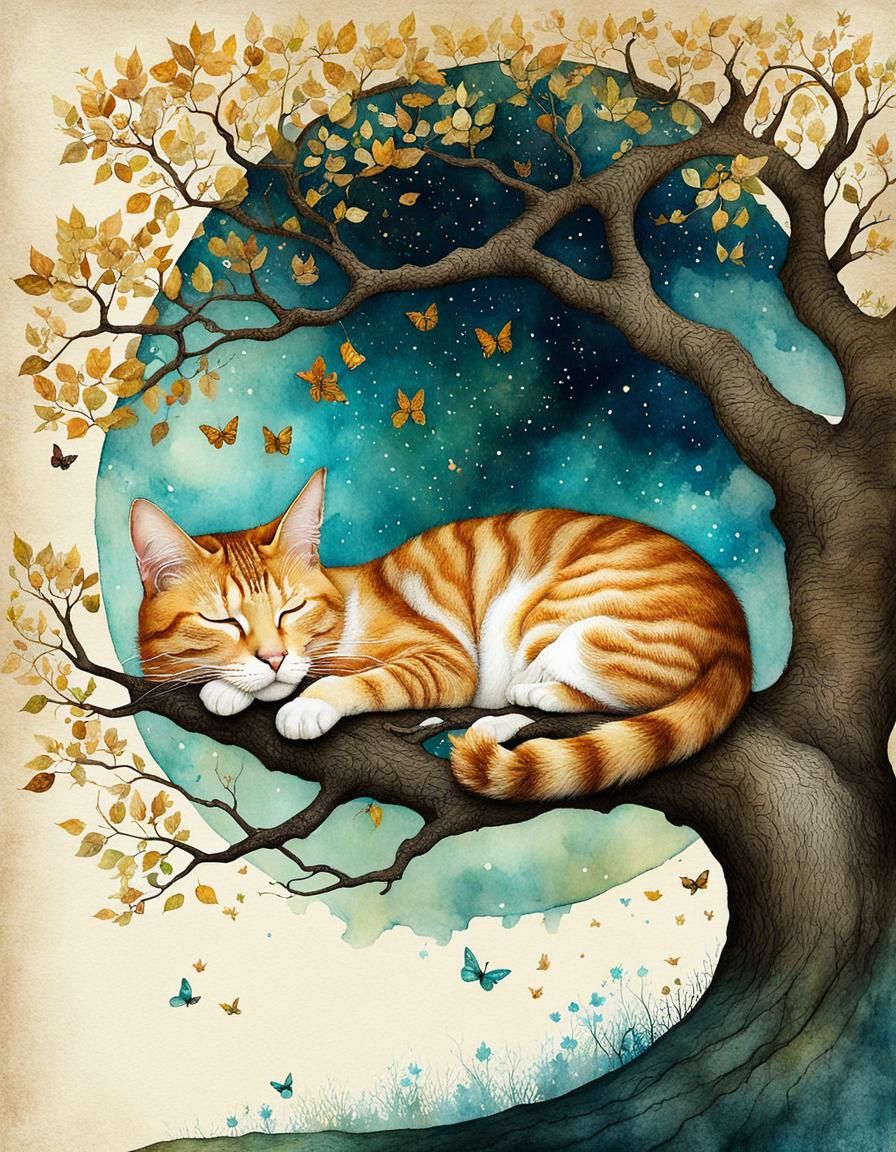 Cat Nap in Magical Tree: Watercolor Art
