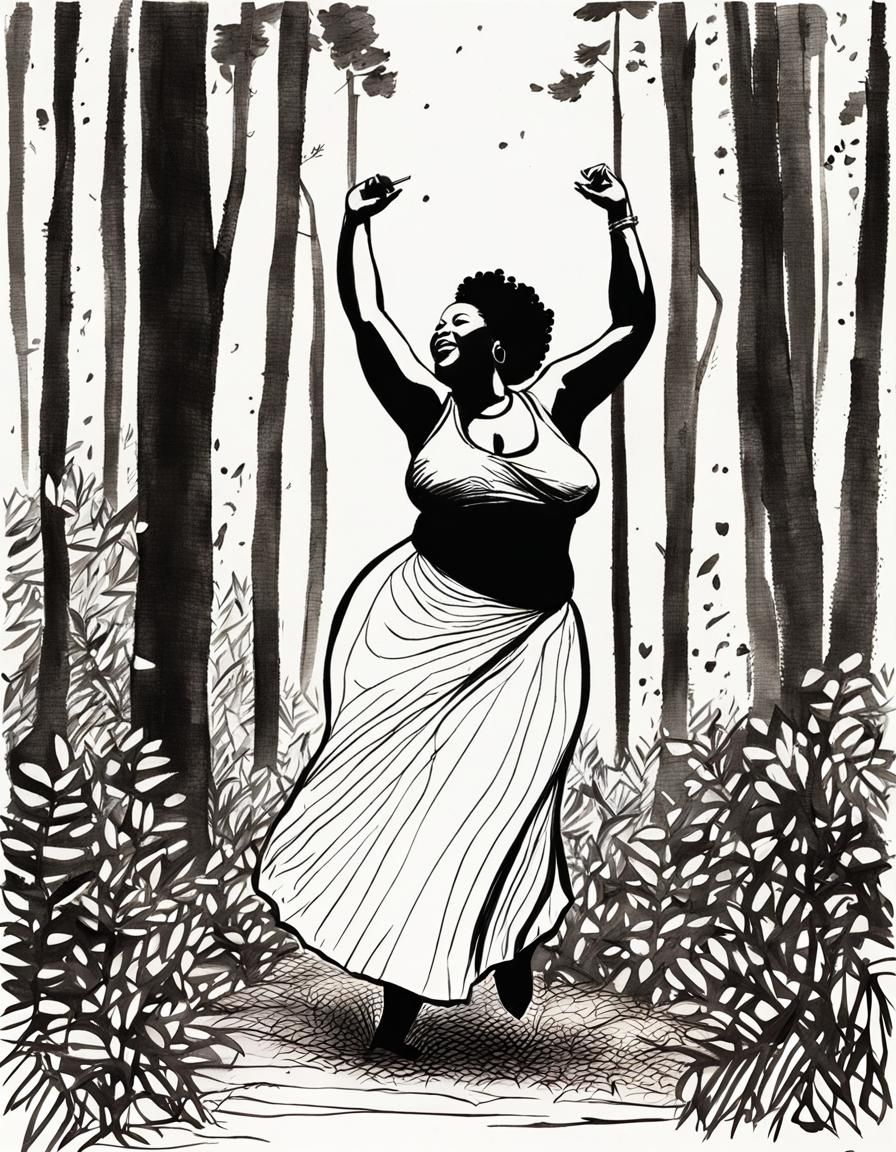 Joyful African-American Woman Dancing: Minimalist Ink Sketch