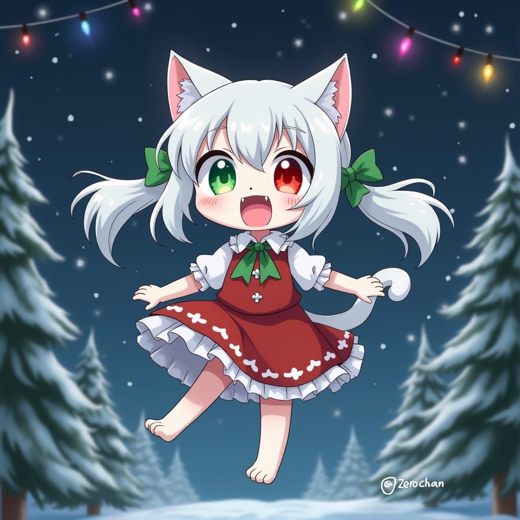 Whimsical Anime Christmas Scene with Ghostly Catgirl
