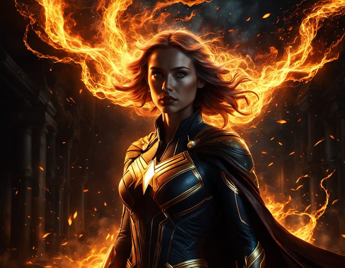 Mystical Woman Shrouded in Darkness as Fiery Superhero