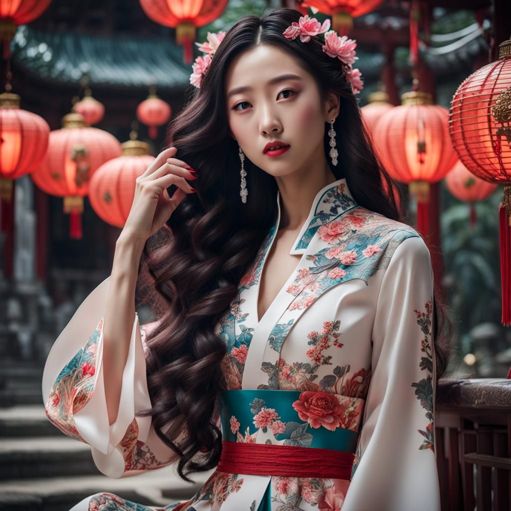 Chinese Model in Paper-Cut Dress, Hyperrealistic Style