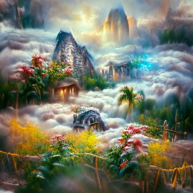 Flower Meadow with Mayan Temple, Fantasy Landscape