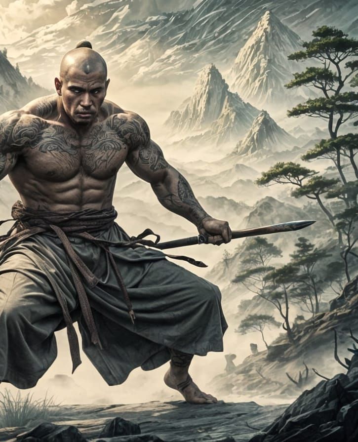 Cyberpunk Warrior Monk Punches Makiwara in Intense Training