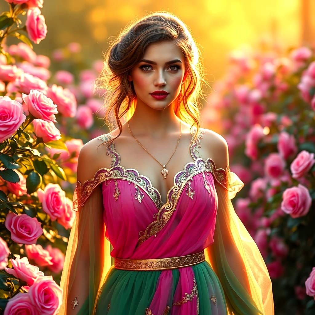 Greek Woman in Rose Garden, Fantasy Concept Art