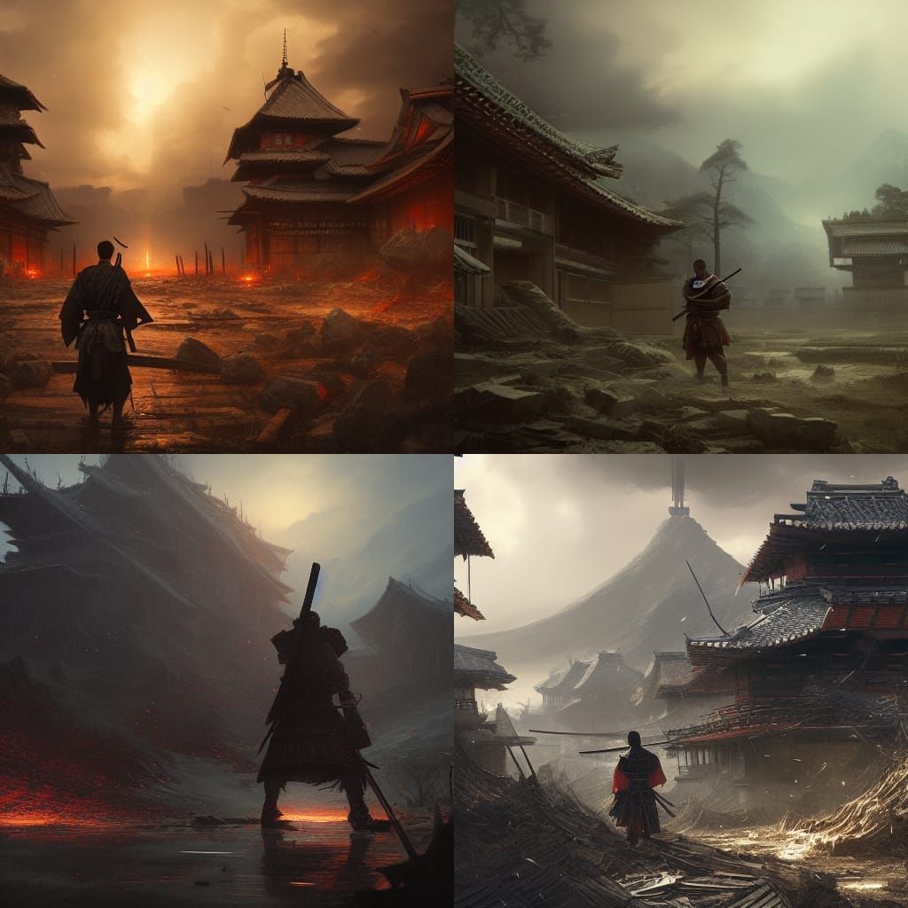 Samurai in Ruined Village: Dark Fantasy Art