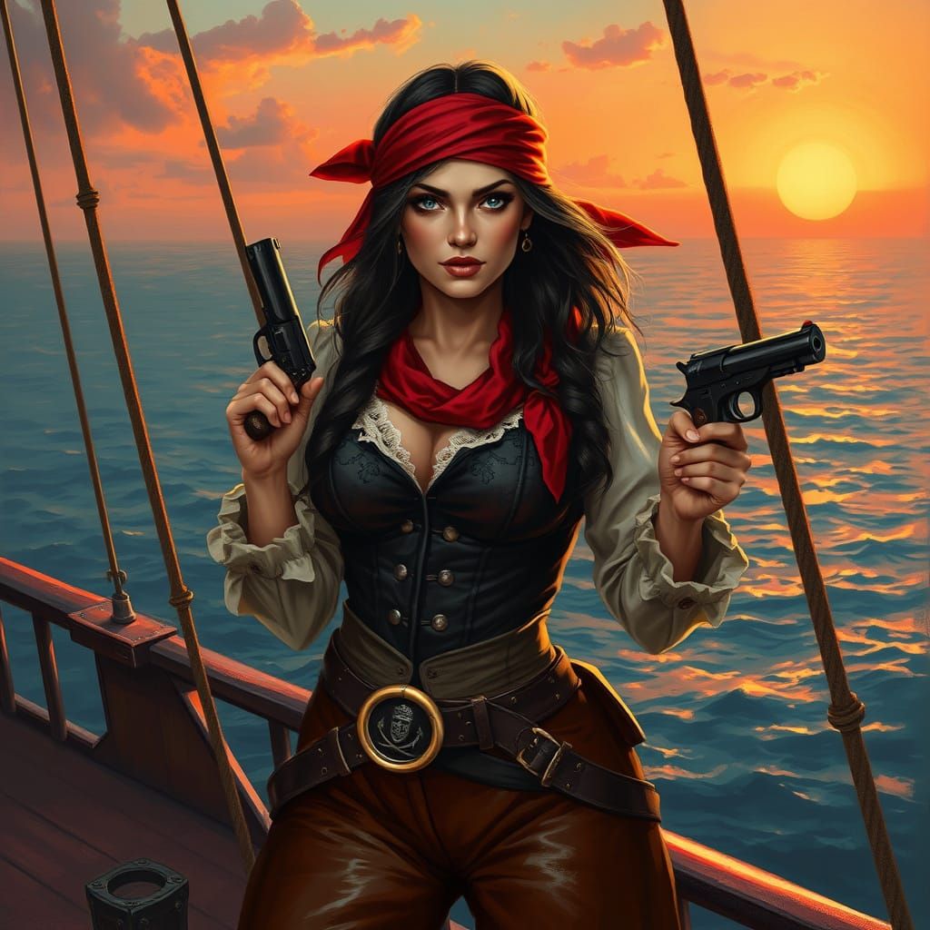 Pirate Woman on Ship at Sunset, Detailed Painting
