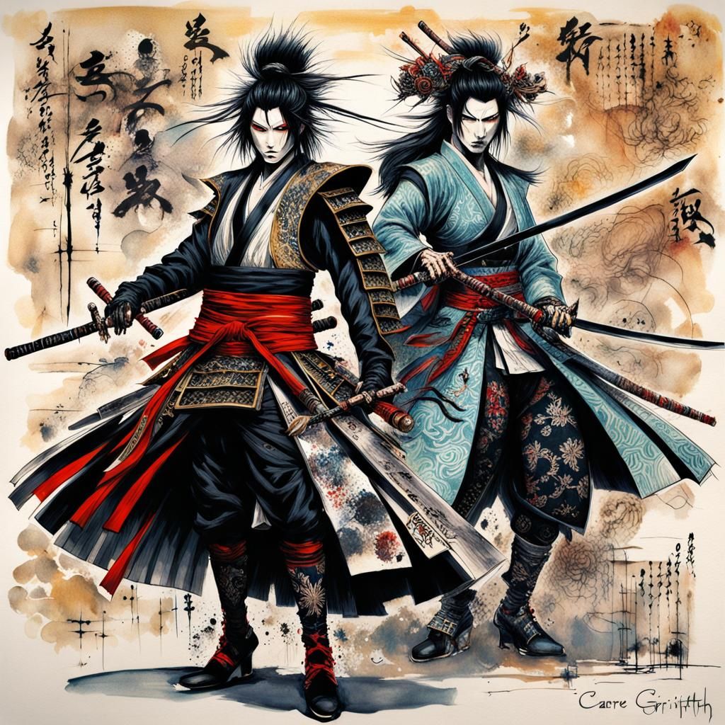 Fashionable Samurai Burlesque Duel in Mixed Media