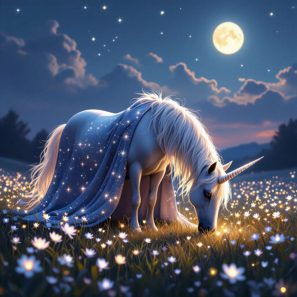 Unicorn Grazing in Moonflower Meadow, Hyperrealistic Renderi...
