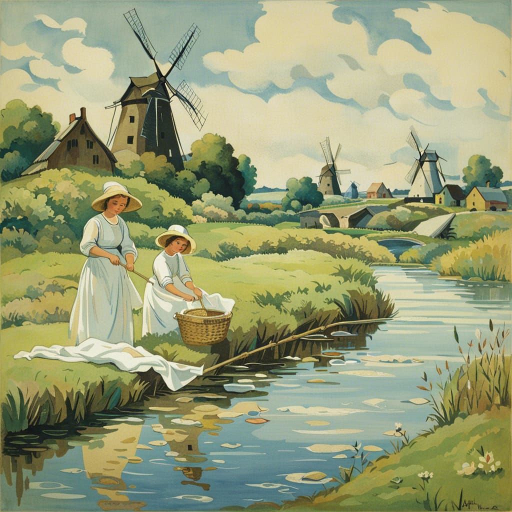 Girls Doing Laundry by River in Naive Art Style