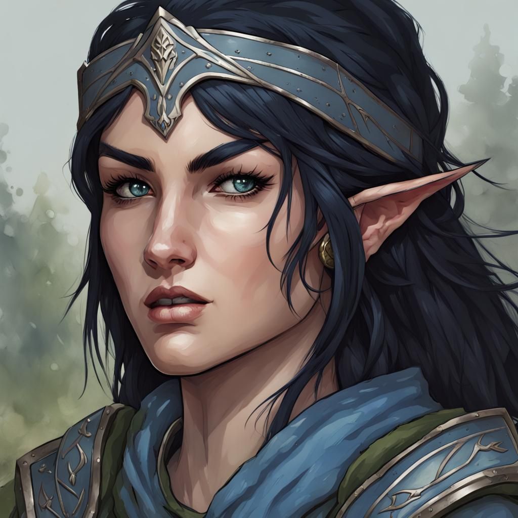 Elven Ranger Portrait: Dark Eyes, Blue-Black Hair
