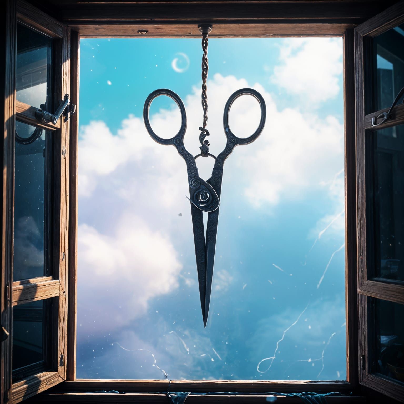 Surreal Scissors Dangle from Window Loop in Vibrant Fantasy ...
