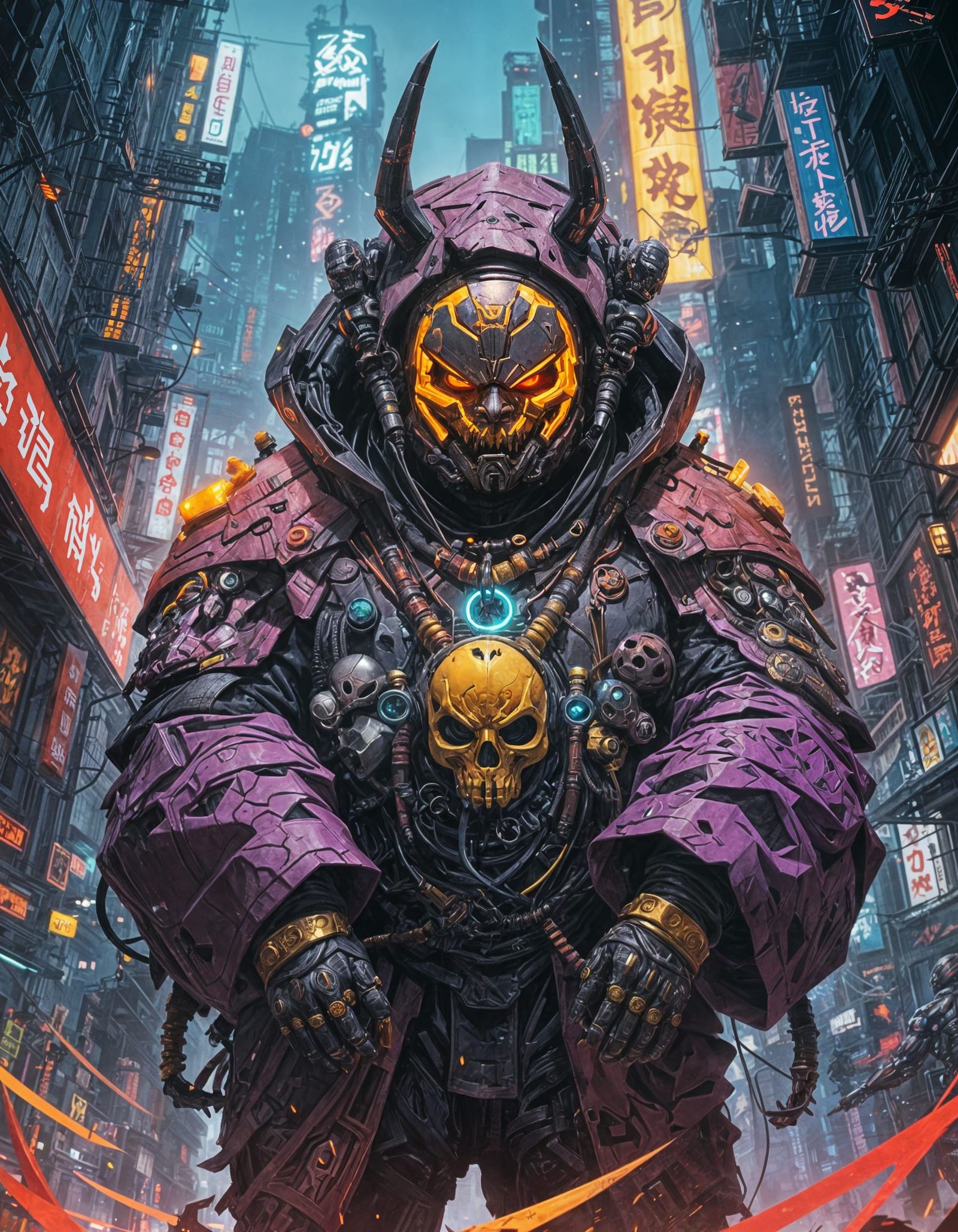 Cyberpunk Oni Ronin in Neon Market