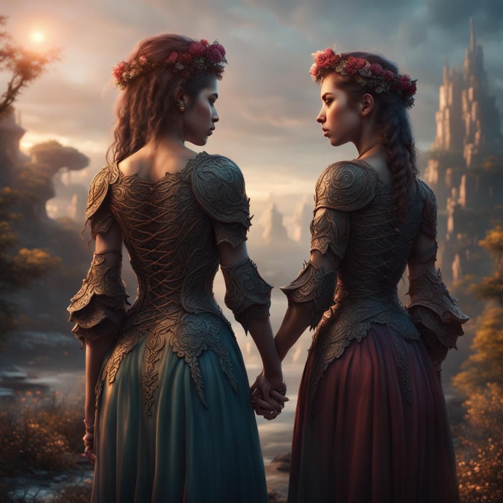 Two Girls Holding Hands: Fantasy Concept Art