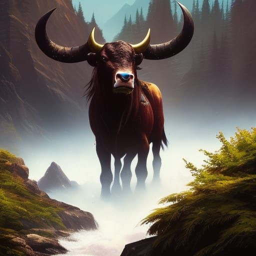 Girl Rides Bull in Hyperdetailed Fantasy Landscape