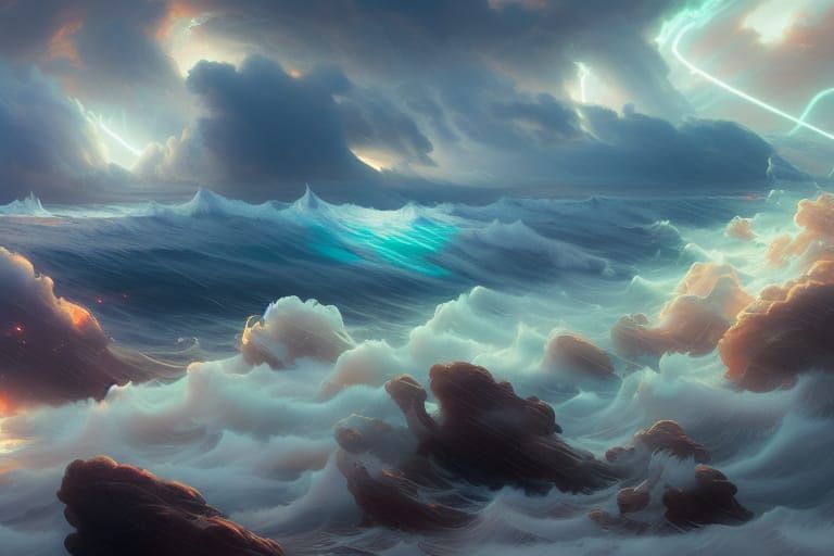 Stormy Seas with Otherworldly Lights, Oil Painting