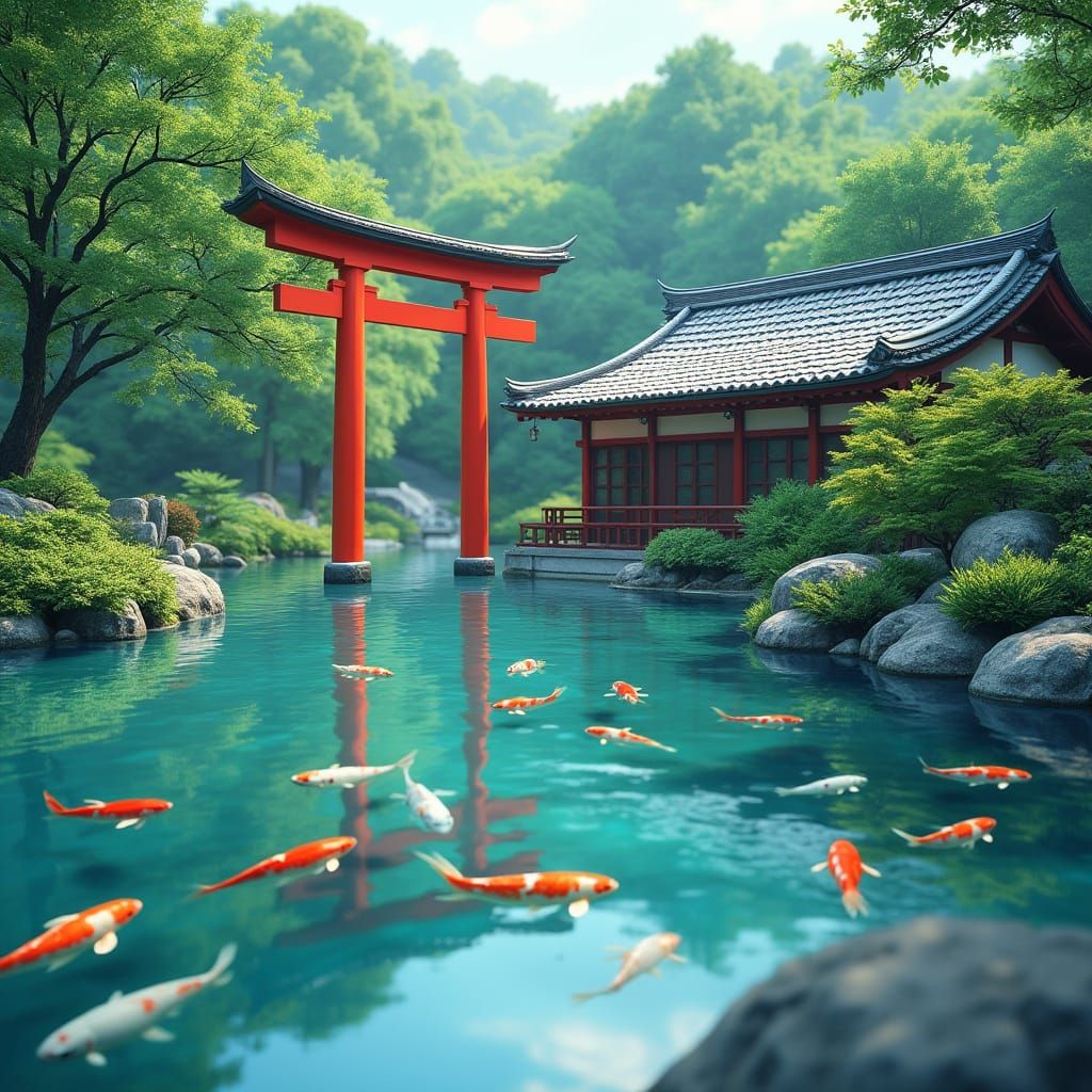 Tranquil Koi Pond in Japanese Garden, Hyperrealistic Renderi...