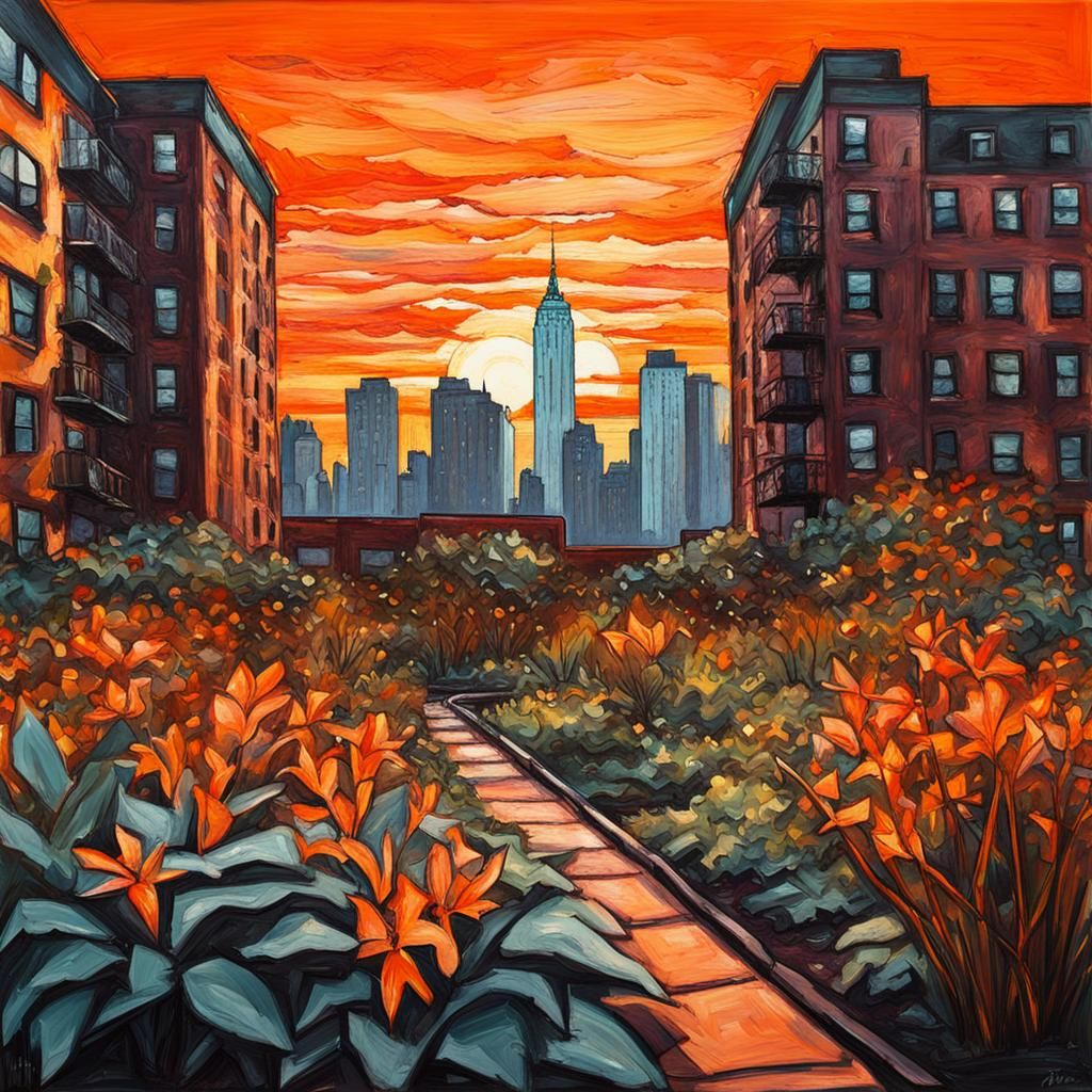 Urban Garden Blooms in Expressionist Sunset