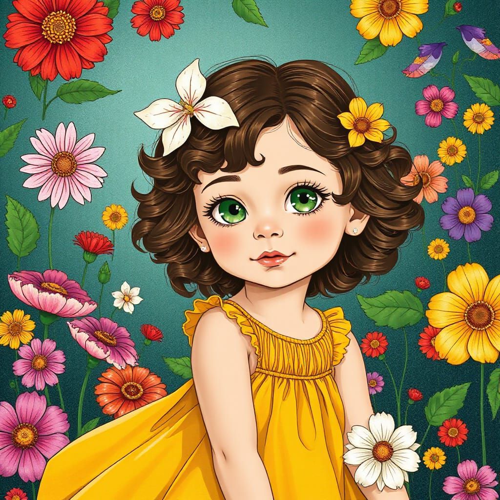 Surreal Whimsy Girl Surrounded by Vibrant Flowers