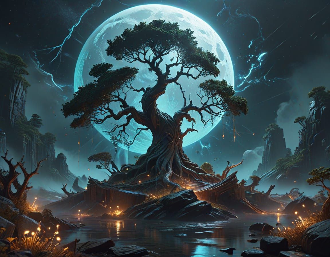 Ancient Tree Anchors to Shattered Moon in Pastel Cosmic Sea
