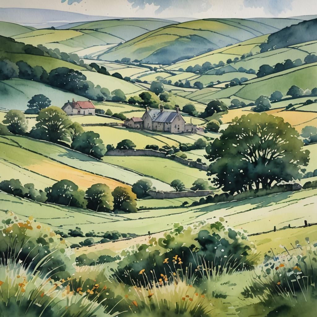 Yorkshire Rural Scenery in Watercolor Abstract Art