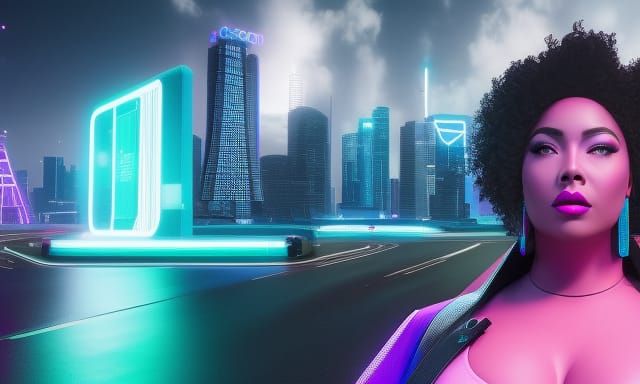 Curvy Woman in Vaporwave Cyberpunk Time Portal