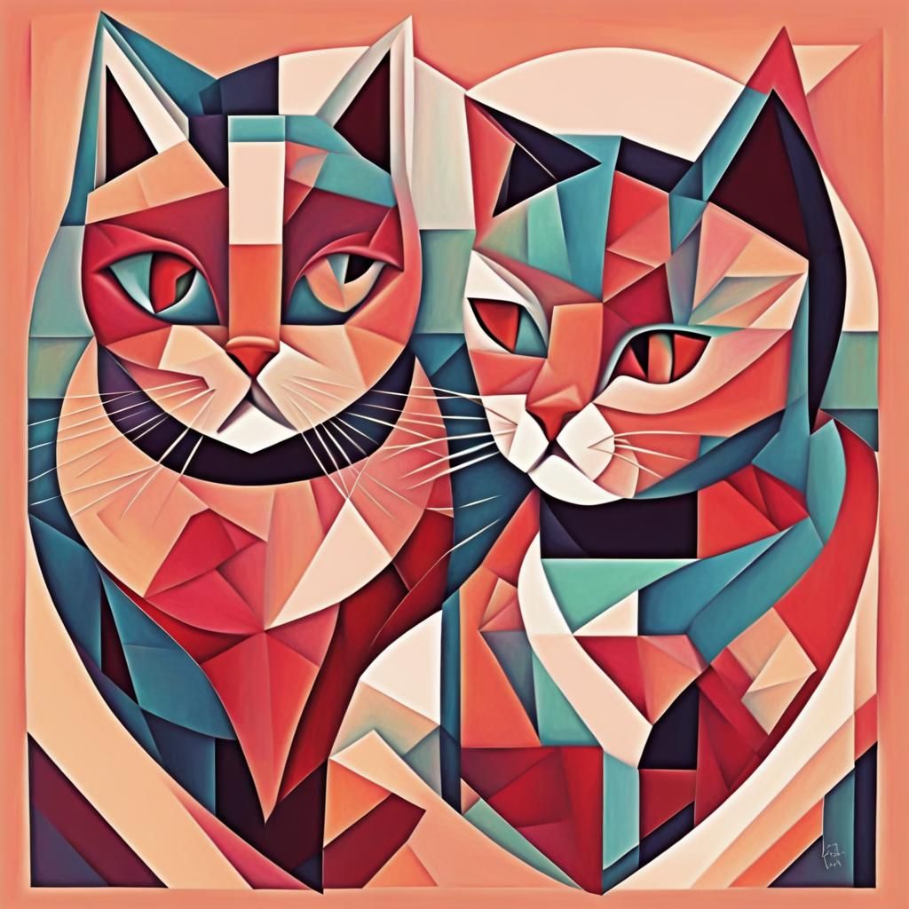 Geometric Valentine's Day Cats in Cubist Style