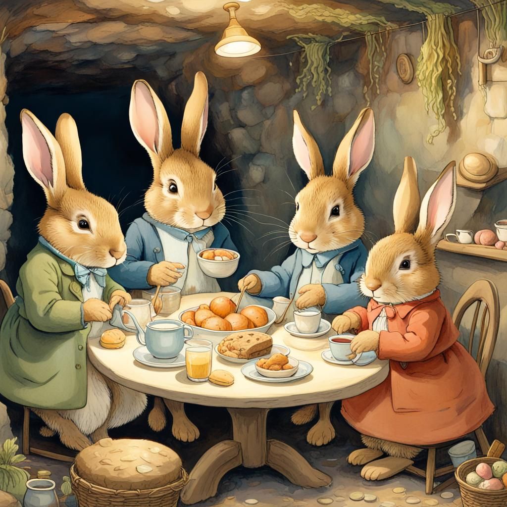 Rabbit Family Burrow Illustration in Beatrix Potter Style
