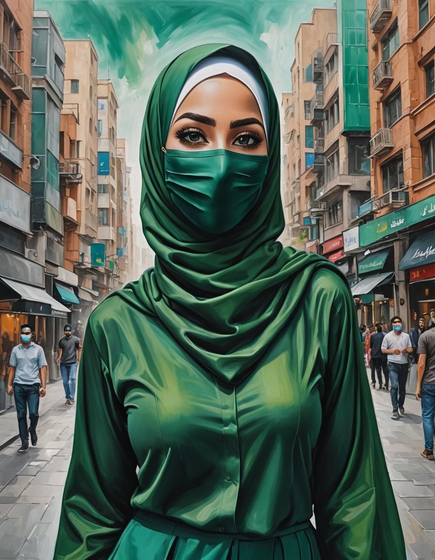Emerald Hijab Woman in City, Oil Painting Portrait