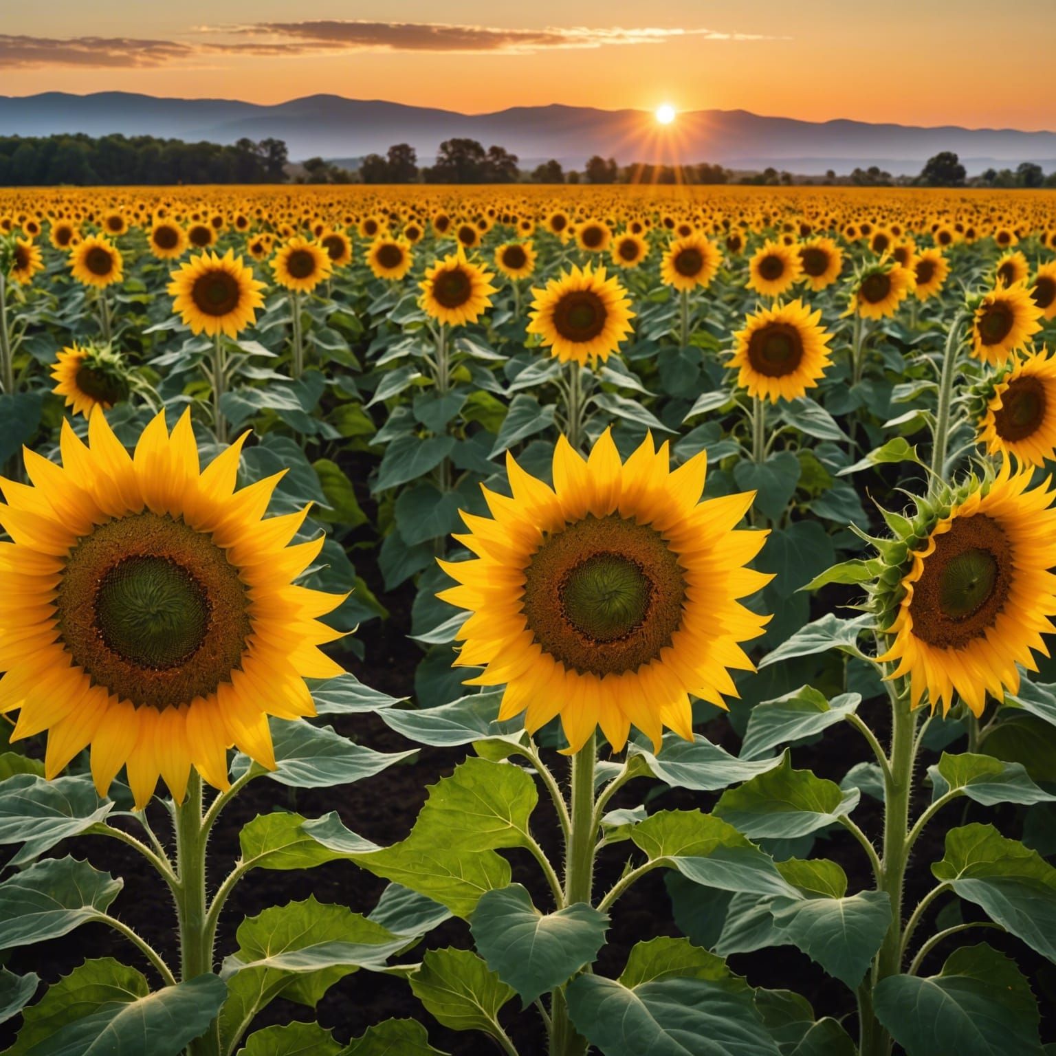 Giant Sunflowers Await the Dawn's Light