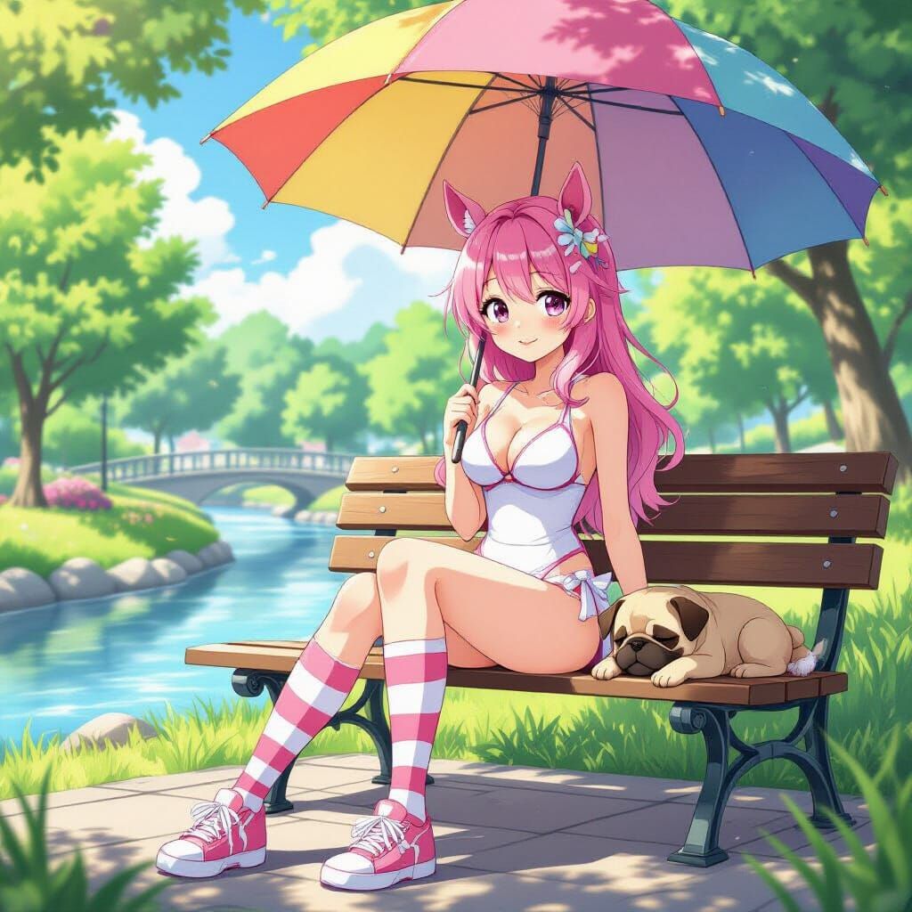 Anime Girl with Horse Ears in Summer Park