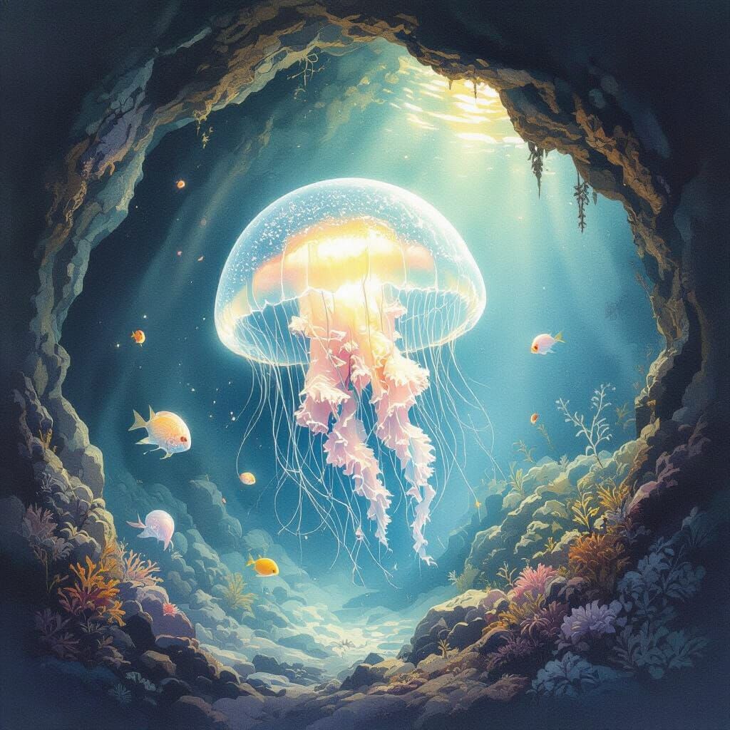 Bioluminescent Jellyfish Shimmers in Dreamlike Watercolor St...
