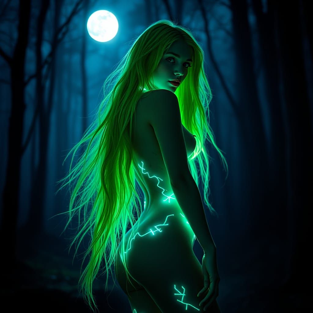 Glowing Enchantress in a Moonlit Forest