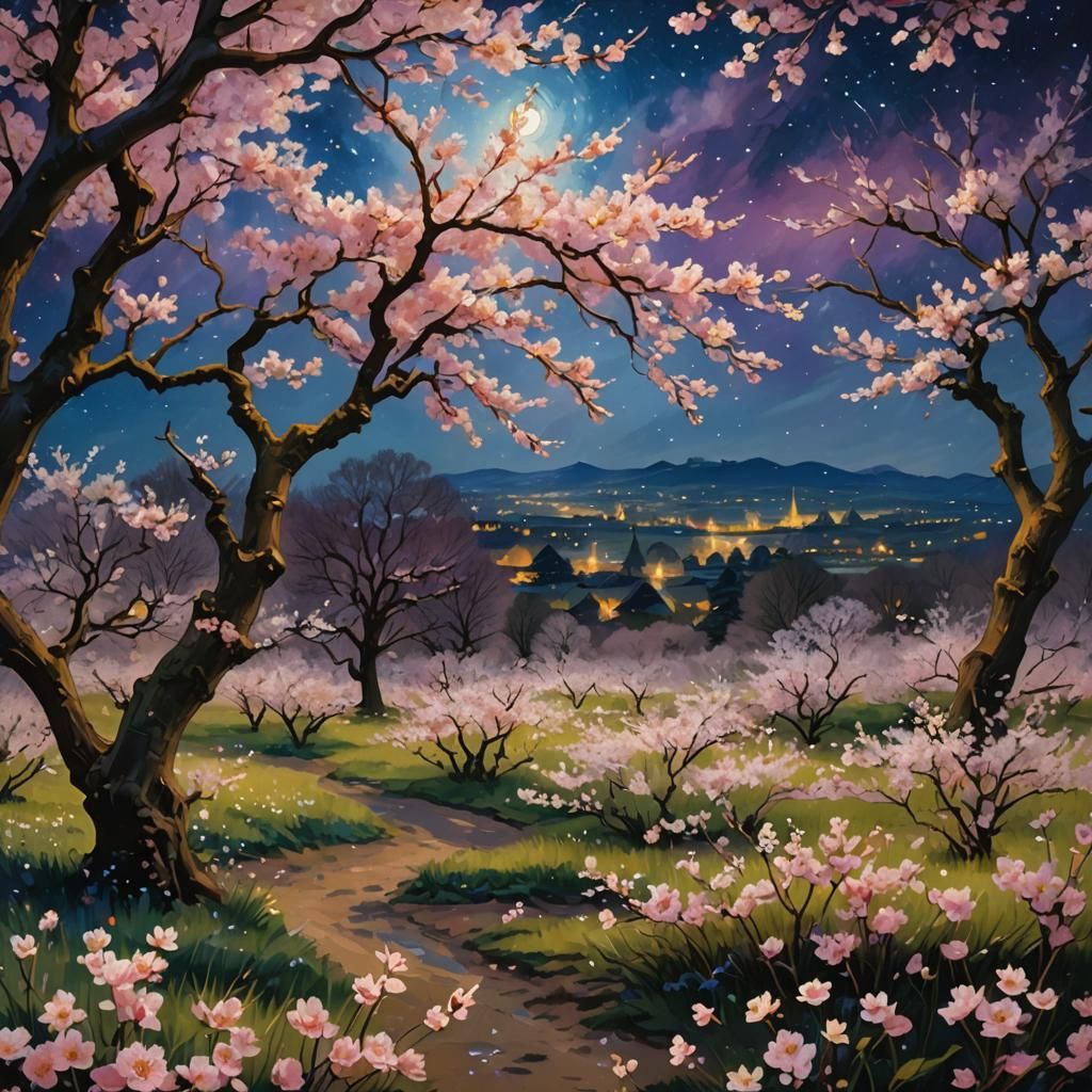 Cherry Blossom Orchard Under Starry Night Sky