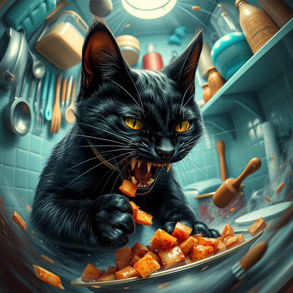 Fierce Black Cat Defends Food in Dreamlike Kitchen