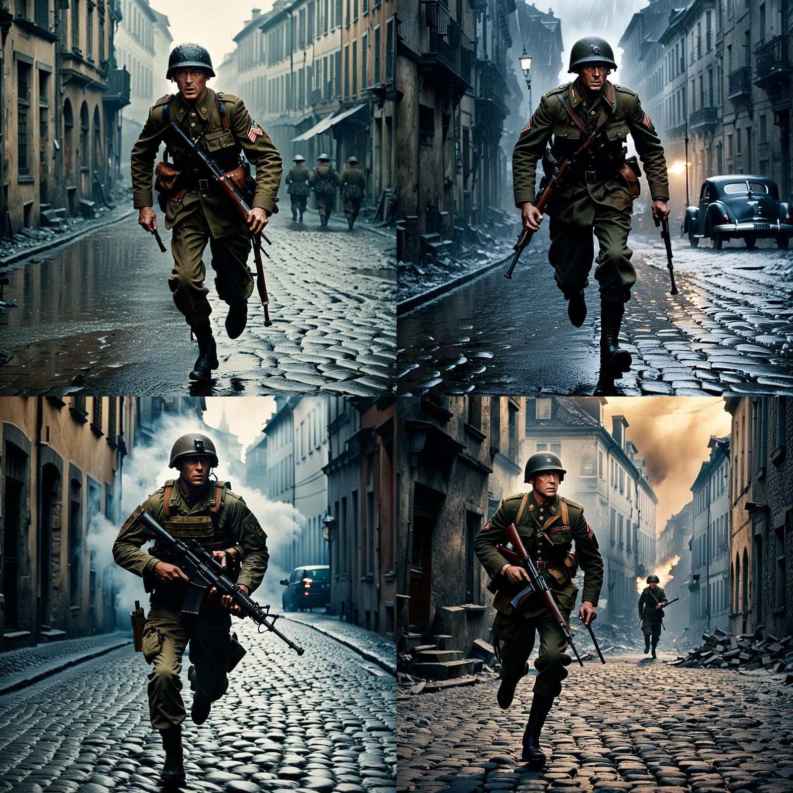 American Soldier in War-Torn City: Cinematic Film Still