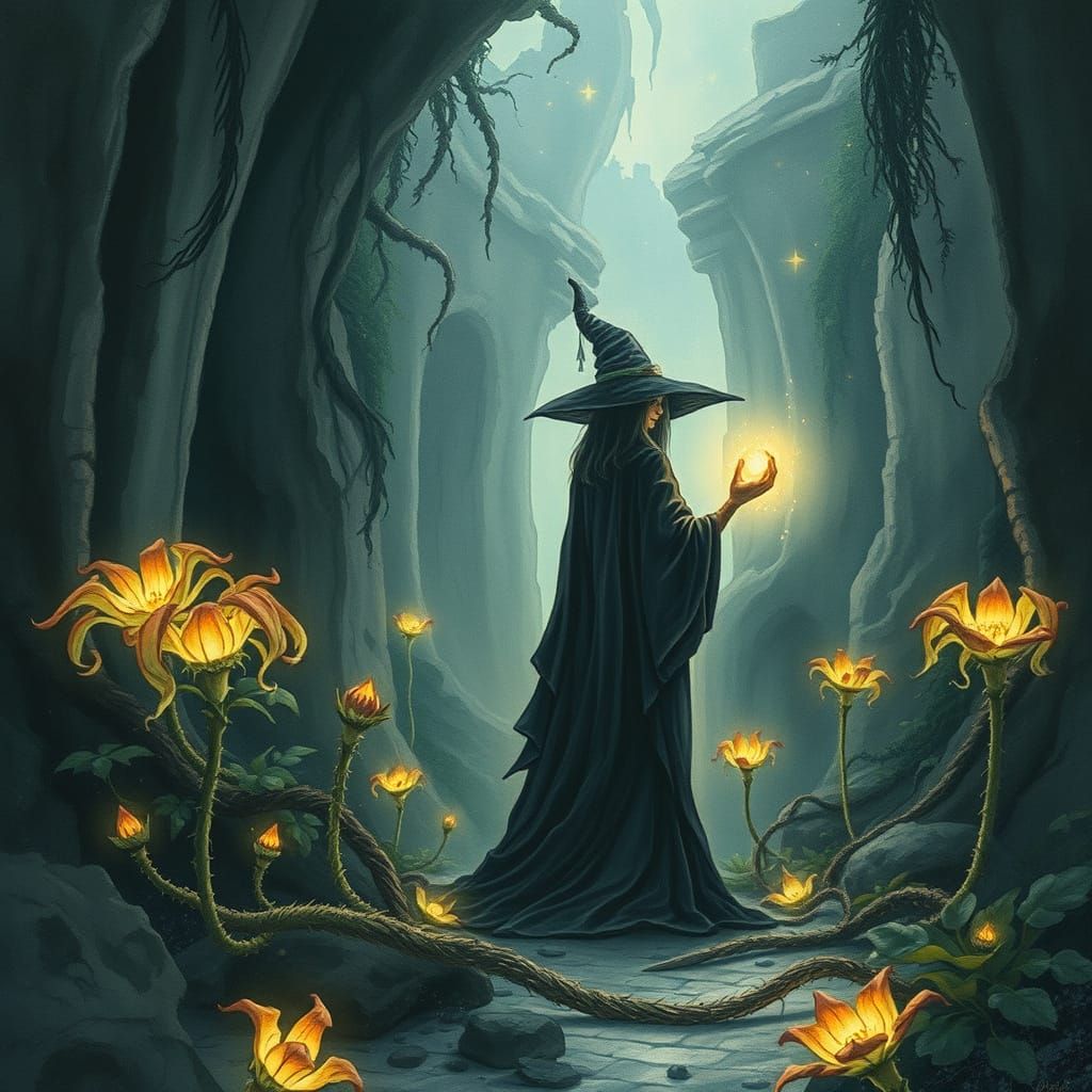 Mystical Witch Conjures Magic in Bioluminescent Ruin