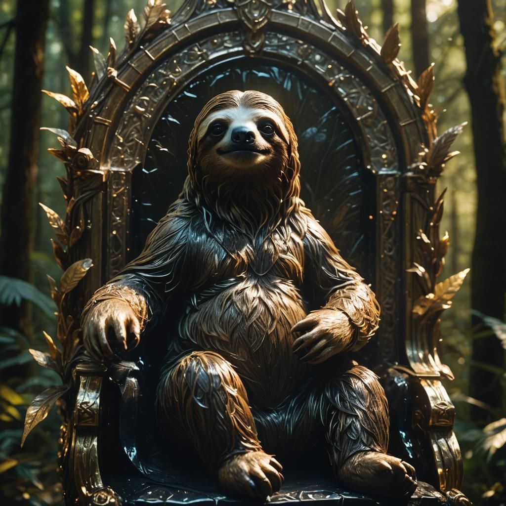 Glowing Glass Sloth on Throne: Cinematic Film Still