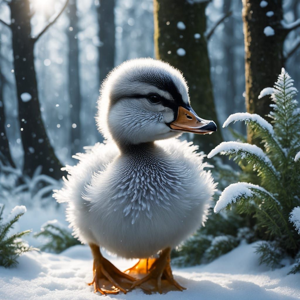 Whimsical Duckling Scene in Enchanting Winter Wonderland