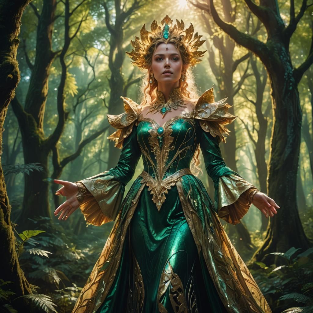 Woman in Ornate Costume in Mystical Forest