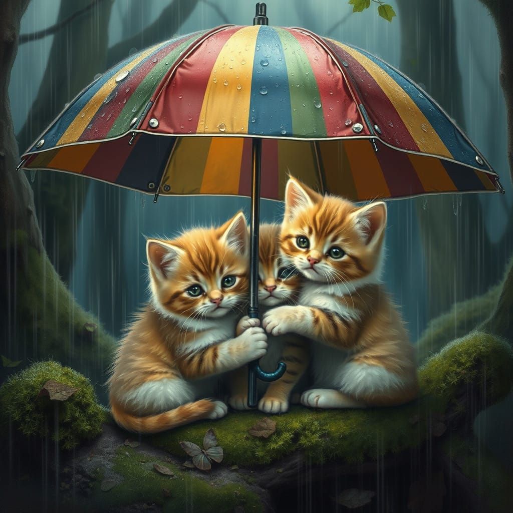 Kittens Seek Shelter Under a Colorful Umbrella in a Mystical...
