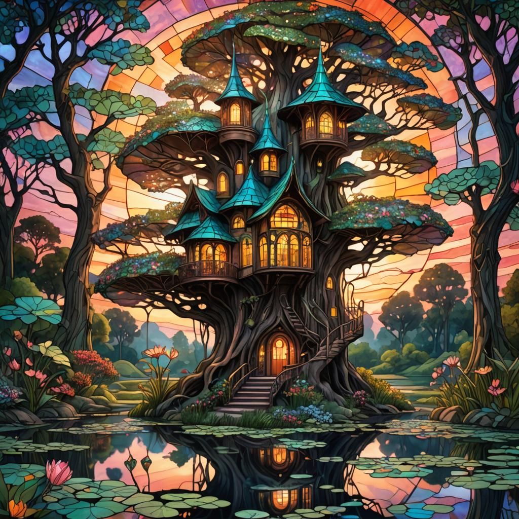 Art Nouveau Stained Glass Fairy Treehouse at Sunset