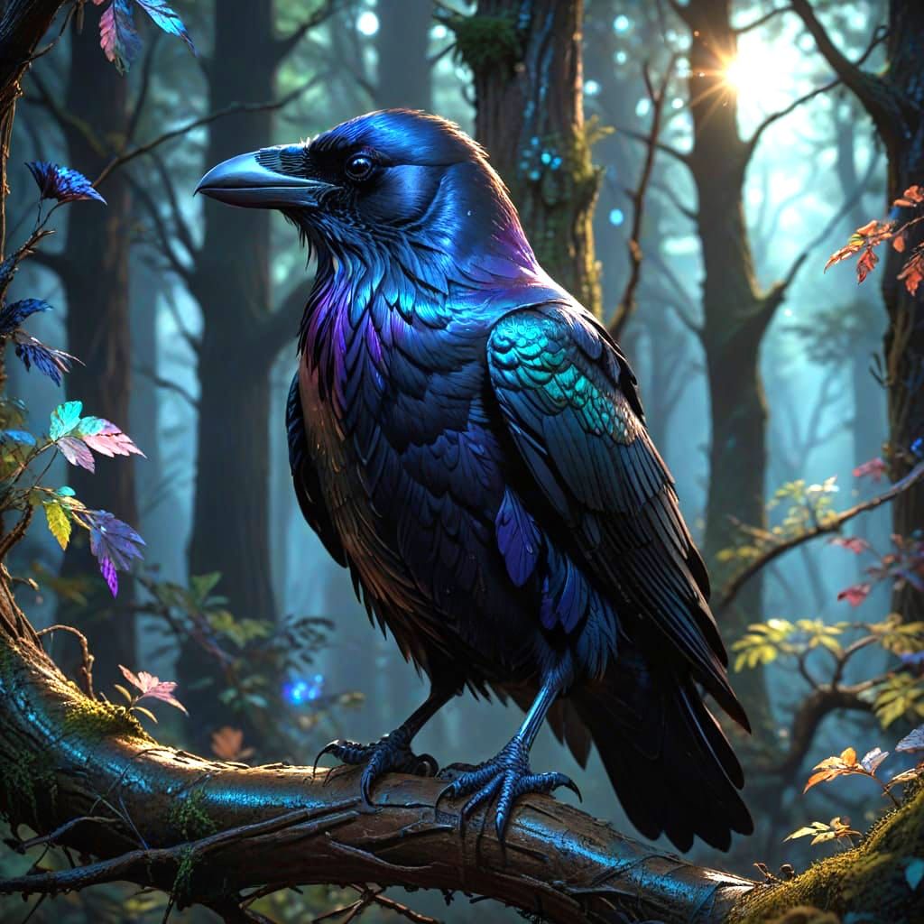 Detailed Raven in Fantastical Forest, Splash Art Style