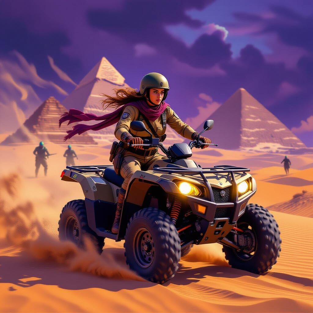 Female Warrior's Desert Chase: Cinematic Digital Art