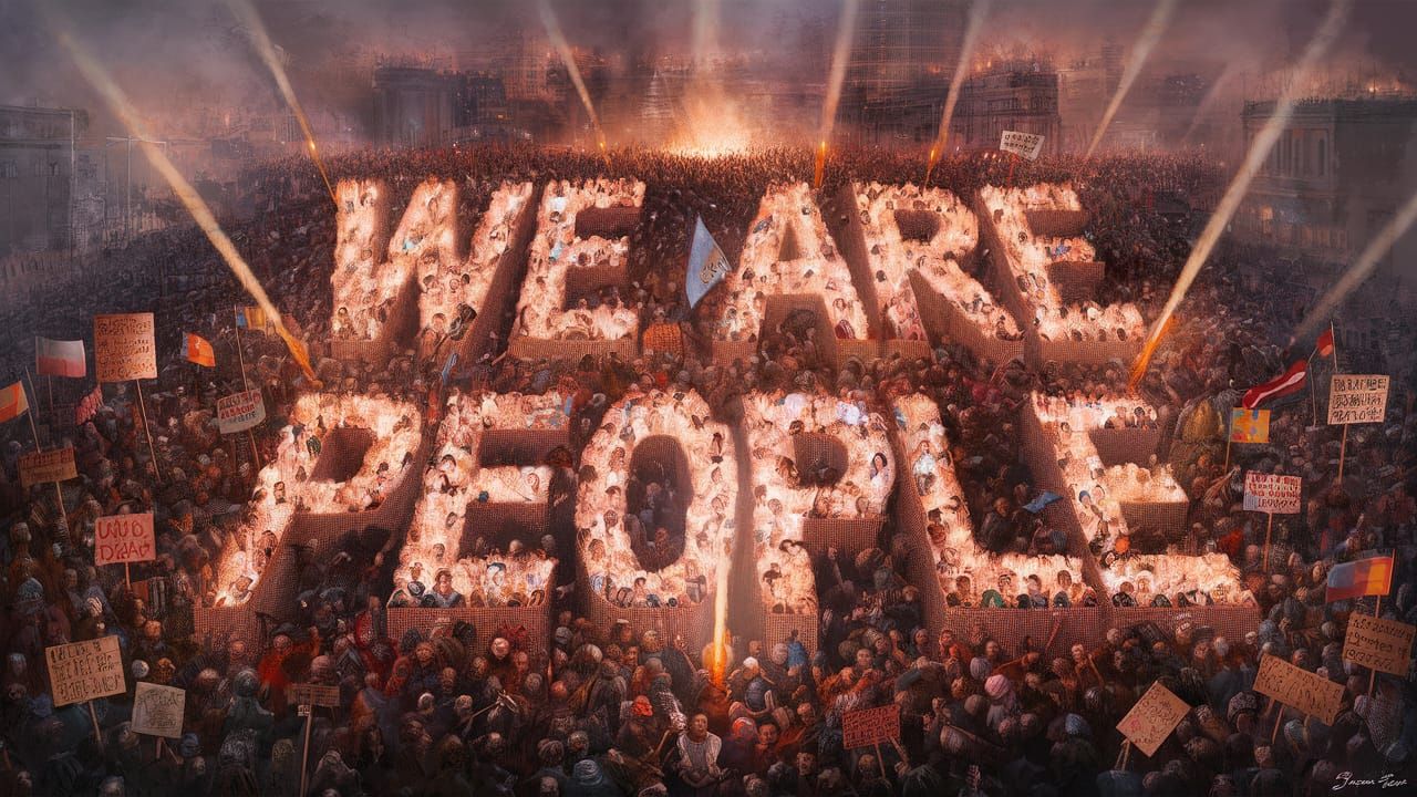 Mass Crowd Forms Human Mosaic at Dusk in Cinematic Realism