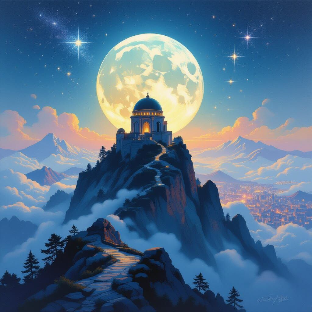 Ancient Observatory on Misty Mountain Below Twinkling City